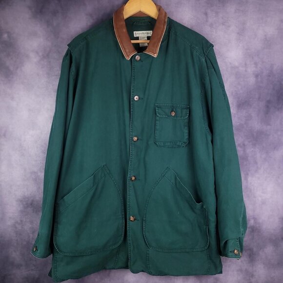 Vintage 90s Banana Republic forest green leather collar field chore barn coat - Picture 1 of 5